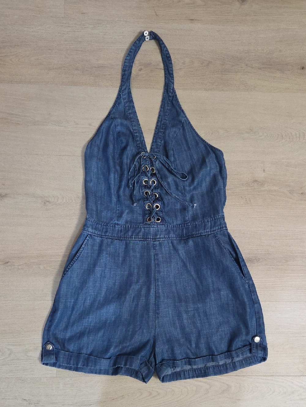 bebe Blue Denim Halter Romper